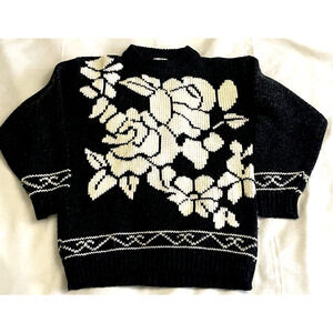 VTG Partners By Mervyn Sweater Women 80'S Black Flowers Size M 10% Wool Pullover